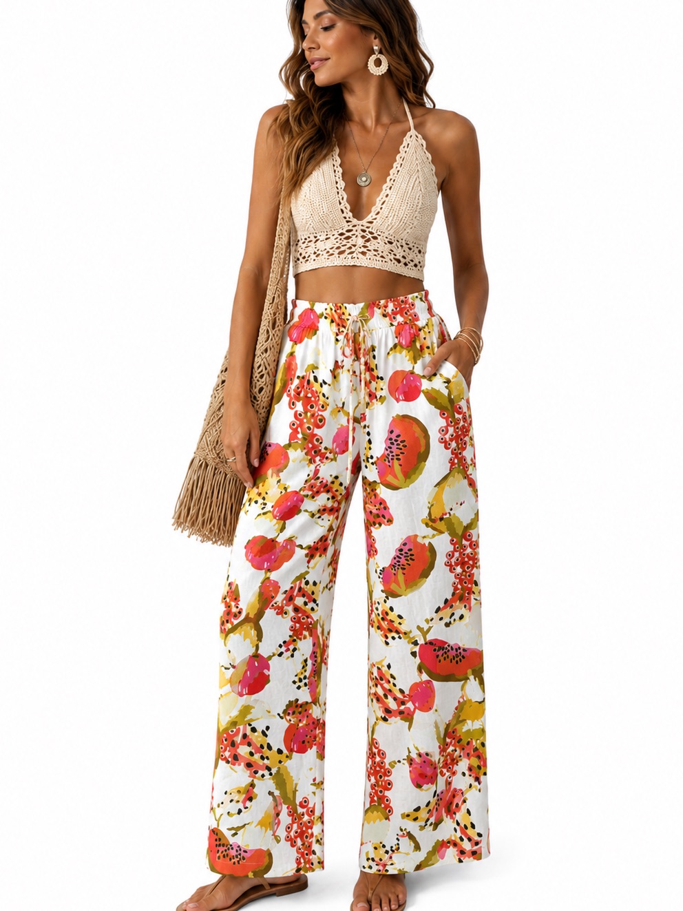 061.New Linen Wide-Leg Tropical Print Pants - White With Pink & Green
